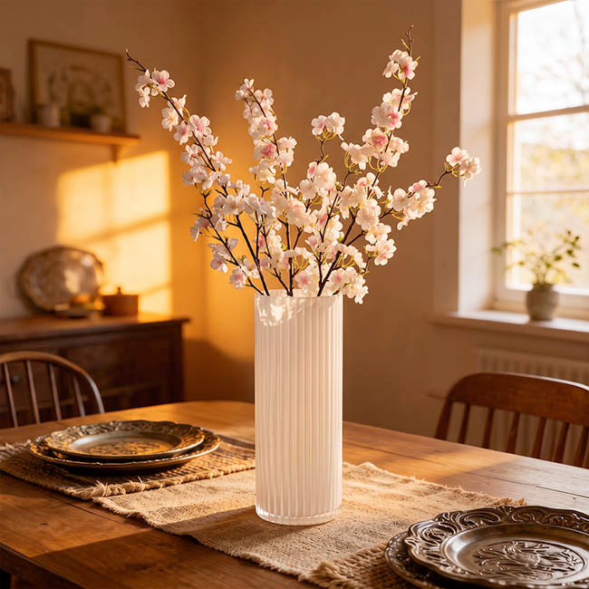 Glass Ribbed Cylinder Tall Vase White (12x30cmH)