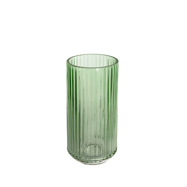 Glass Ribbed Cylinder Vase Olive Green (10x20cmH)