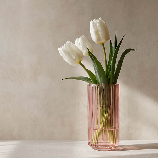 Glass Ribbed Cylinder Vase Dusty Pink (10x20cmH)