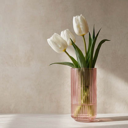 Glass Ribbed Cylinder Vase Dusty Pink (10x20cmH)