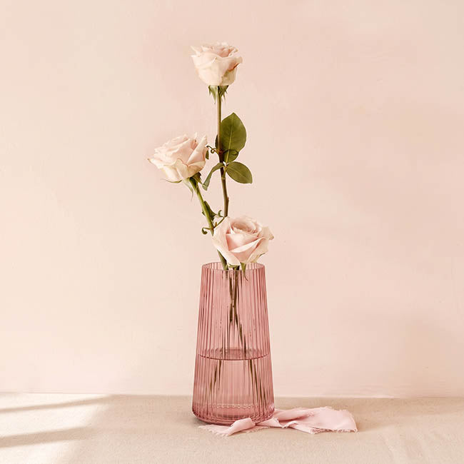 Glass Ribbed Cone Vase Dusty Pink (13x20cmH)