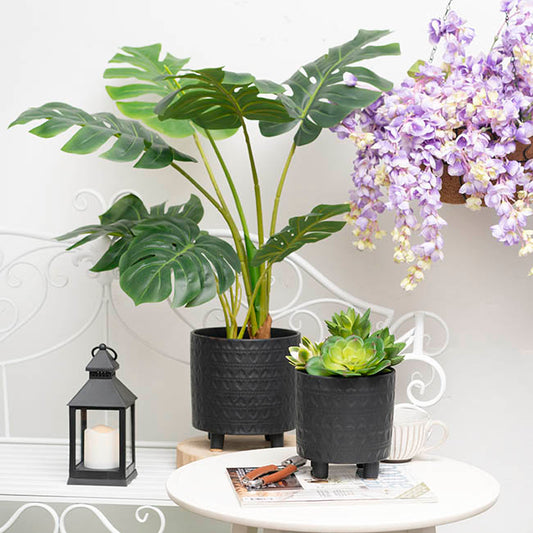 Home Accents Plant Pot Black Leaves Set 2 (20.5Dx20.5cmH)