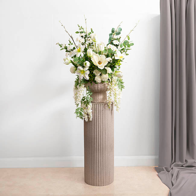 Fibreglass Ripple Plinth Round Limestone Nude (33cmDx91cmH)
