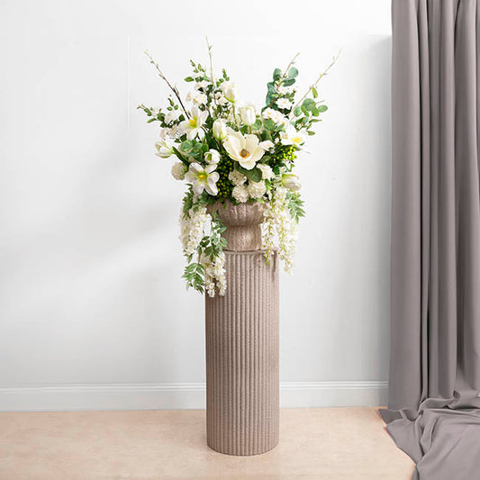 Fibreglass Ripple Plinth Round Limestone Nude (33cmDx91cmH)