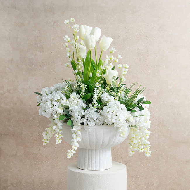 Fibreglass Compote Planter Limestone White (39cmDx25cmH)