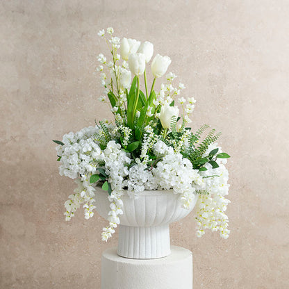 Fibreglass Compote Planter Limestone White (39cmDx25cmH)