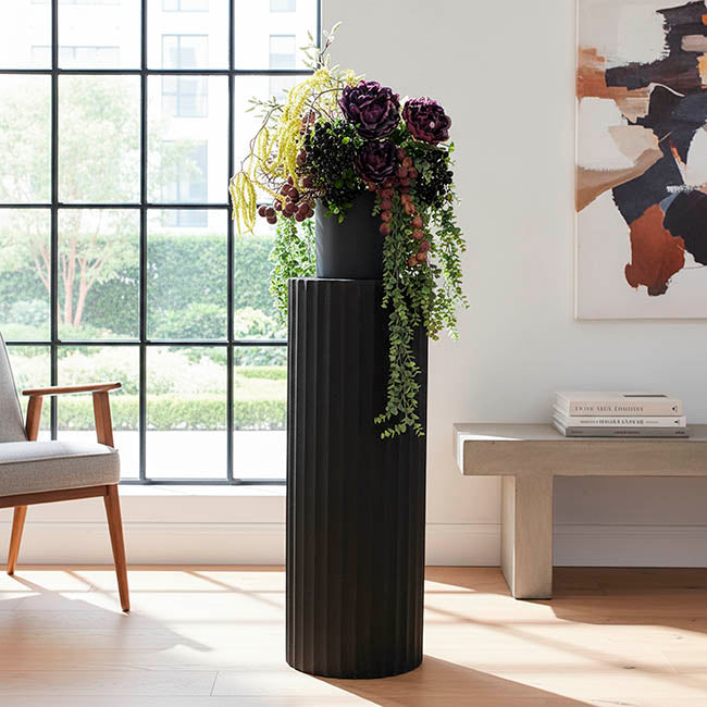 Fibreglass Fluted Round Plinth Limestone Black (32x90cmH)