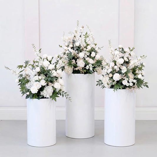 Classic Round Plinth Metal Set 3 White (60/75/90cmH)