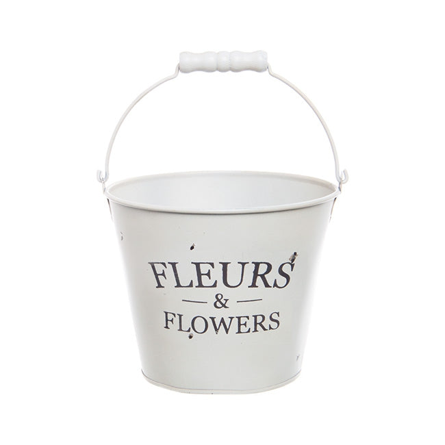 Jardinier Tin Bucket Round Handle White (16.5Dx13.5cmH)