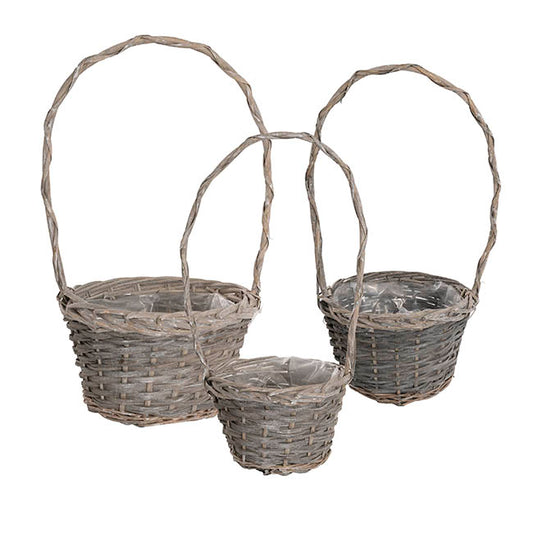 Flower Girl Basket Long Handle Set 3 Gry w Liner (26Dx17cmH)