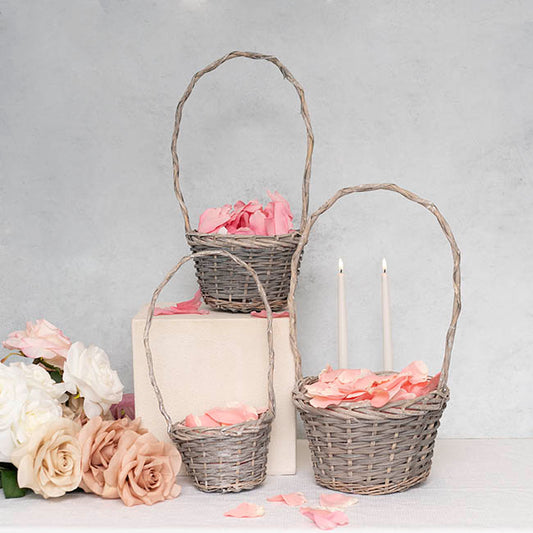 Flower Girl Basket Long Handle Set 3 Gry w Liner (26Dx17cmH)