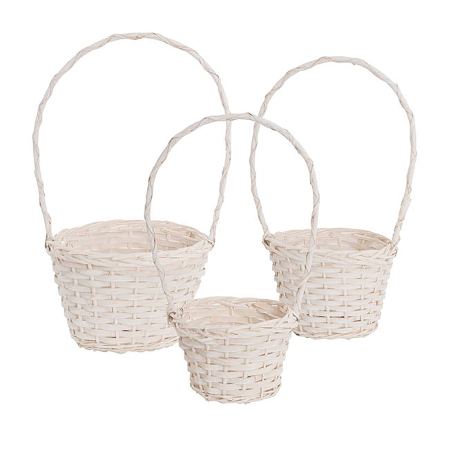 Flower Girl Basket Long Handle Set 3 White (26Dx17cmH)