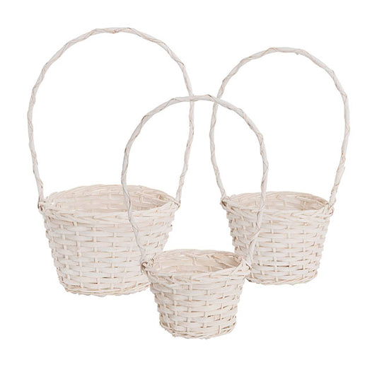 Flower Girl Basket Long Handle Set 3 White (26Dx17cmH)