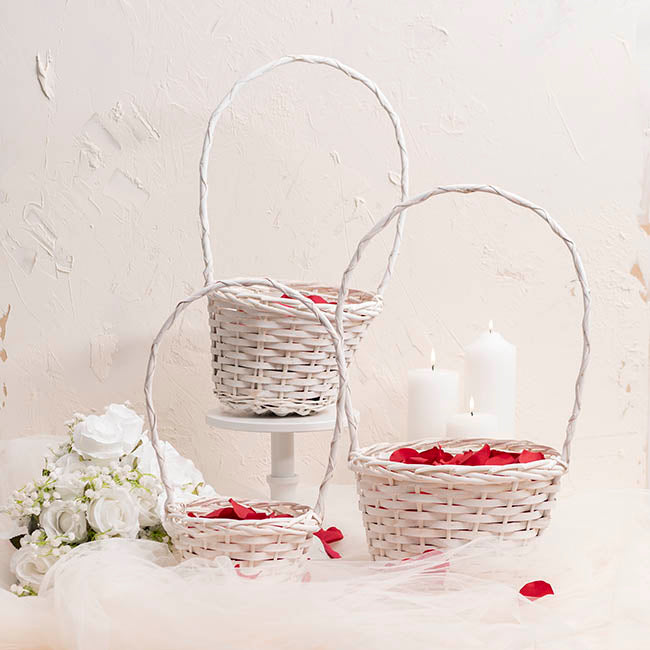 Flower Girl Basket Long Handle Set 3 White (26Dx17cmH)