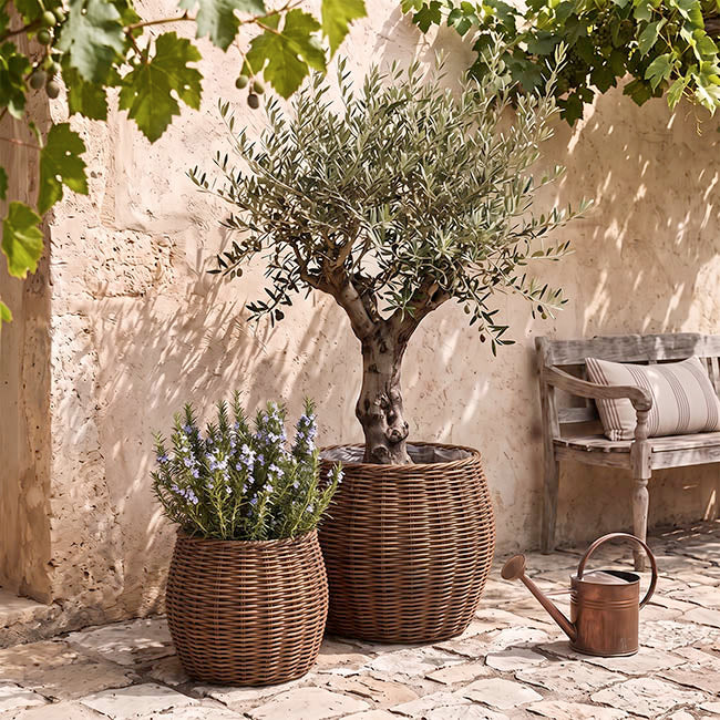 Artificial Ratten Sturdy Basket Planter Set 2 (45Dx47cmH)