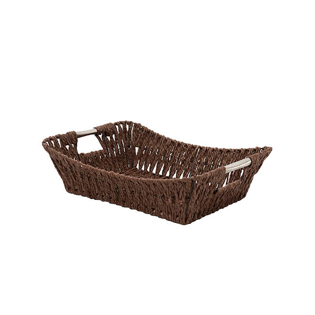 Paper Rope Tray w Metal Handles Rectangle Brown(34x27x9cm)