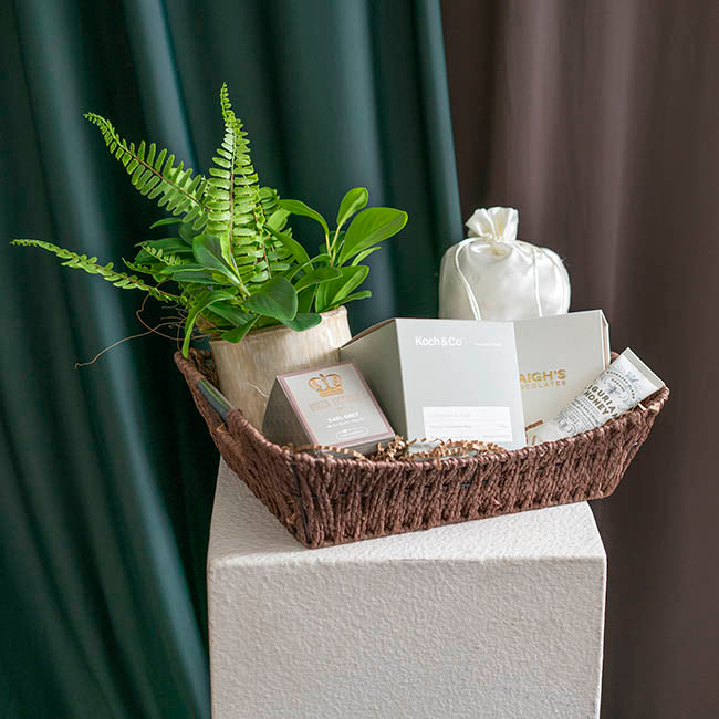 Paper Rope Tray w Metal Handles Rectangle Brown(34x27x9cm)