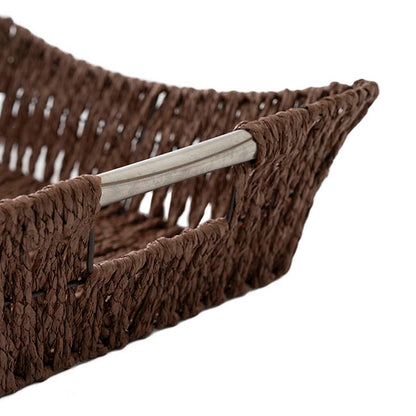 Paper Rope Tray w Metal Handles Rectangle Brown(34x27x9cm)