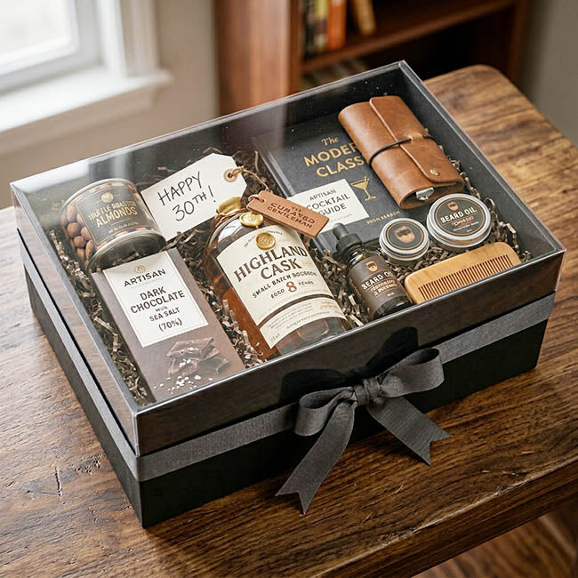 Gift Hamper Box with PVC Lid Rectangle Black (36Lx25Wx14Hcm)