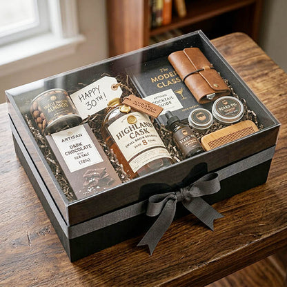 Gift Hamper Box with PVC Lid Rectangle Black (36Lx25Wx14Hcm)