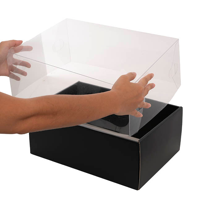 Gift Hamper Box with PVC Lid Rectangle Black (30Lx20Wx12Hcm)