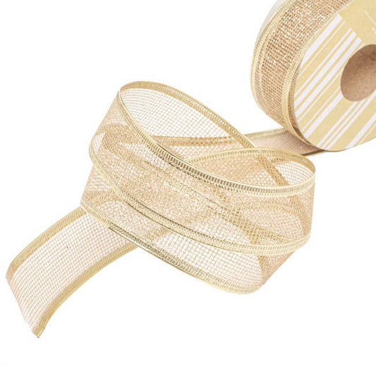 Ribbon Metallic Mesh Champagne Wired Edge (40mmx10m)