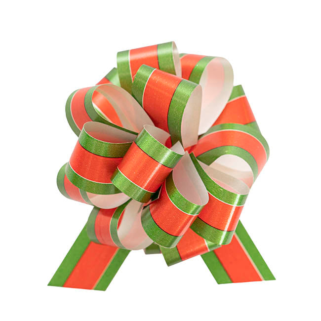 Ribbon Pull Bow Pom Pom Christmas Stripe (30mmx12.5cm) Pk5