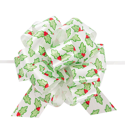 Ribbon Pull Bow Pom Pom Holly White Green (30mmx12.5cm) Pk5