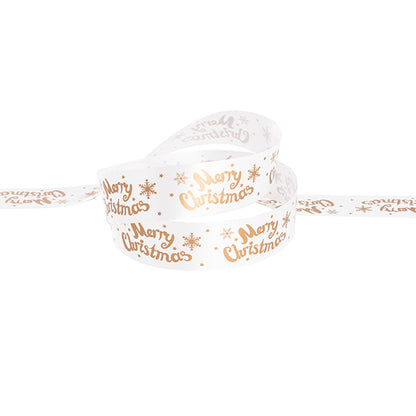 Christmas Tear Ribbon Merry Christmas White Gold (30mmx91m)