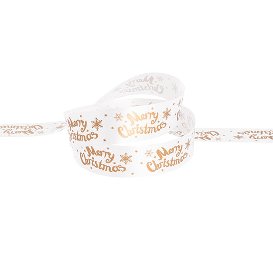 Christmas Tear Ribbon Merry Christmas White Gold (30mmx91m)