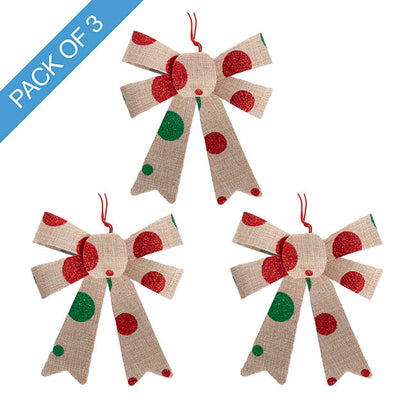 Pre-Made Bow Fabric Top Xmas Spots Pack 3 Natural (9*12cm)