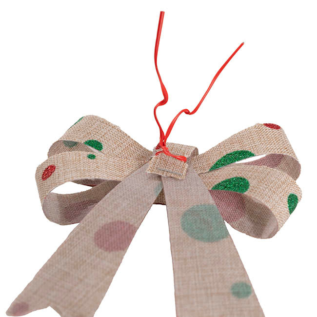 Pre-Made Bow Fabric Top Xmas Spots Pack 3 Natural (9*12cm)