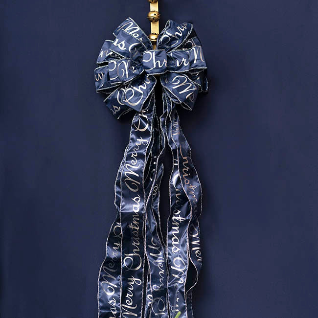 Pre-Made Bow Luxury Tree Topper Navy & Silver (33Wx113Lcm)