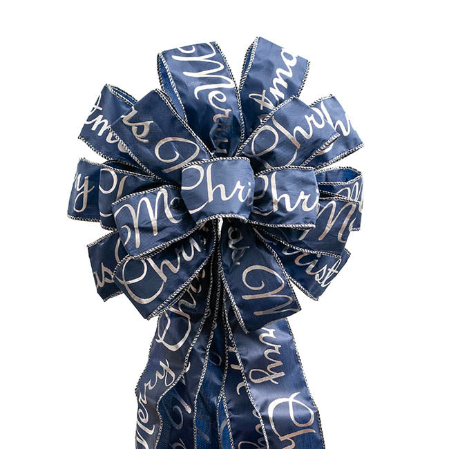 Pre-Made Bow Luxury Tree Topper Navy & Silver (33Wx113Lcm)
