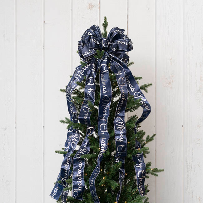 Pre-Made Bow Luxury Tree Topper Navy & Silver (33Wx113Lcm)