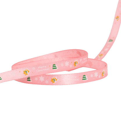 Ribbon Satin Merry Xmas Trees & Gingerbread Pink (10mmx20m)