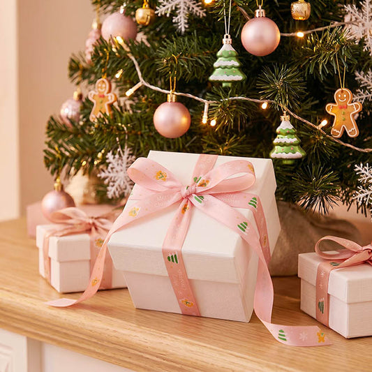Ribbon Satin Merry Xmas Trees & Gingerbread Pink (10mmx20m)