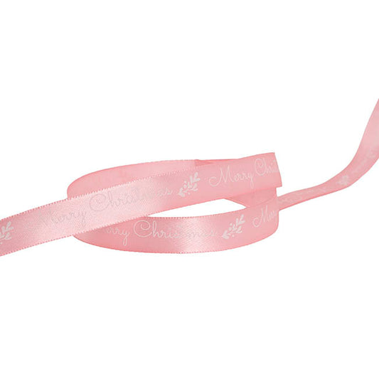 Ribbon Satin Merry Christmas Mistletoe White Pink (15mmx20m)