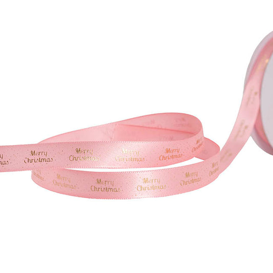 Ribbon Satin Merry Christmas Spots Gold Pink (15mmx20m)