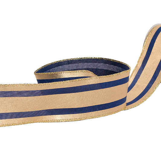 Ribbon Linen Wire Edge Bold Stripe Navy & Gold (60mmx20m)