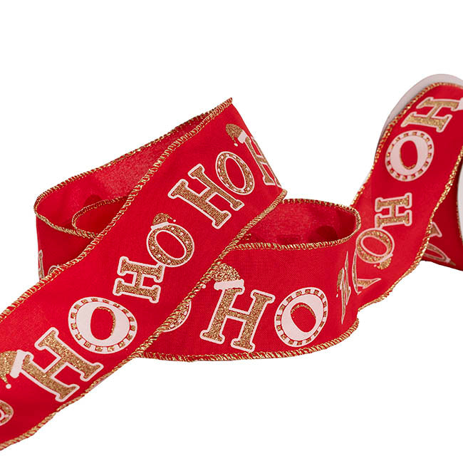 Ribbon Linen Wire Edge HOHOHO Gold White Red (60mmx20m)