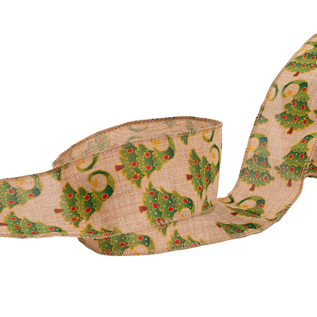 Ribbon Linen Wire Edge Christmas Trees Natural (60mmx20m)