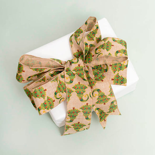 Ribbon Linen Wire Edge Christmas Trees Natural (60mmx20m)