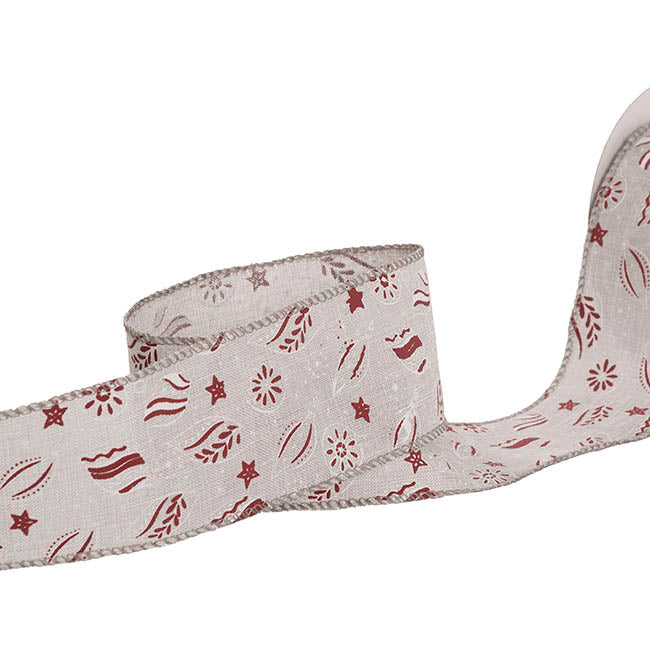Ribbon Linen Wire Edge Christmas Motif White Red (60mmx20m)