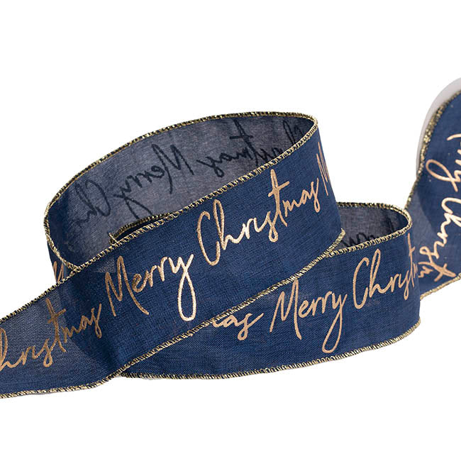 Ribbon Linen Wire Edge Gold Merry Christmas Navy (60mmx20m)
