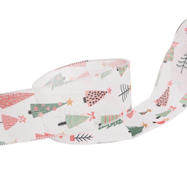 Ribbon Linen Wire Edge Pastel Xmas Trees White (60mmx20m)