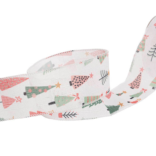 Ribbon Linen Wire Edge Pastel Xmas Trees White (60mmx20m)