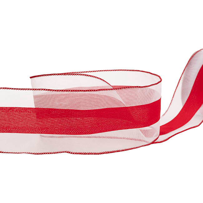 Ribbon Linen Mesh Wire Edge CandyStripe White Red(100mmx20m)