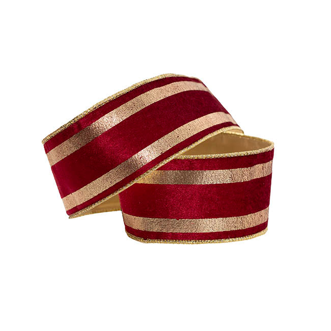 Ribbon Velvet Wire Edge Gold Stripe Print Red (60mmx10m)