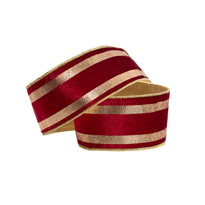 Ribbon Velvet Wire Edge Gold Stripe Print Red (60mmx10m)